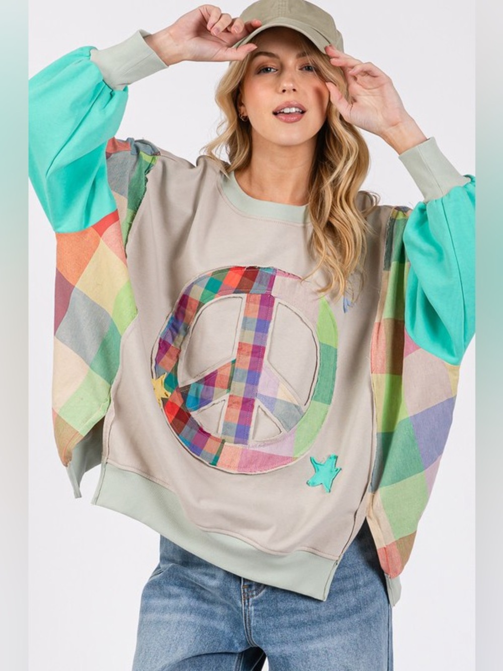 SAGE + FIG Contrast Peace Patch Dropped Shoulder Sweatshirt